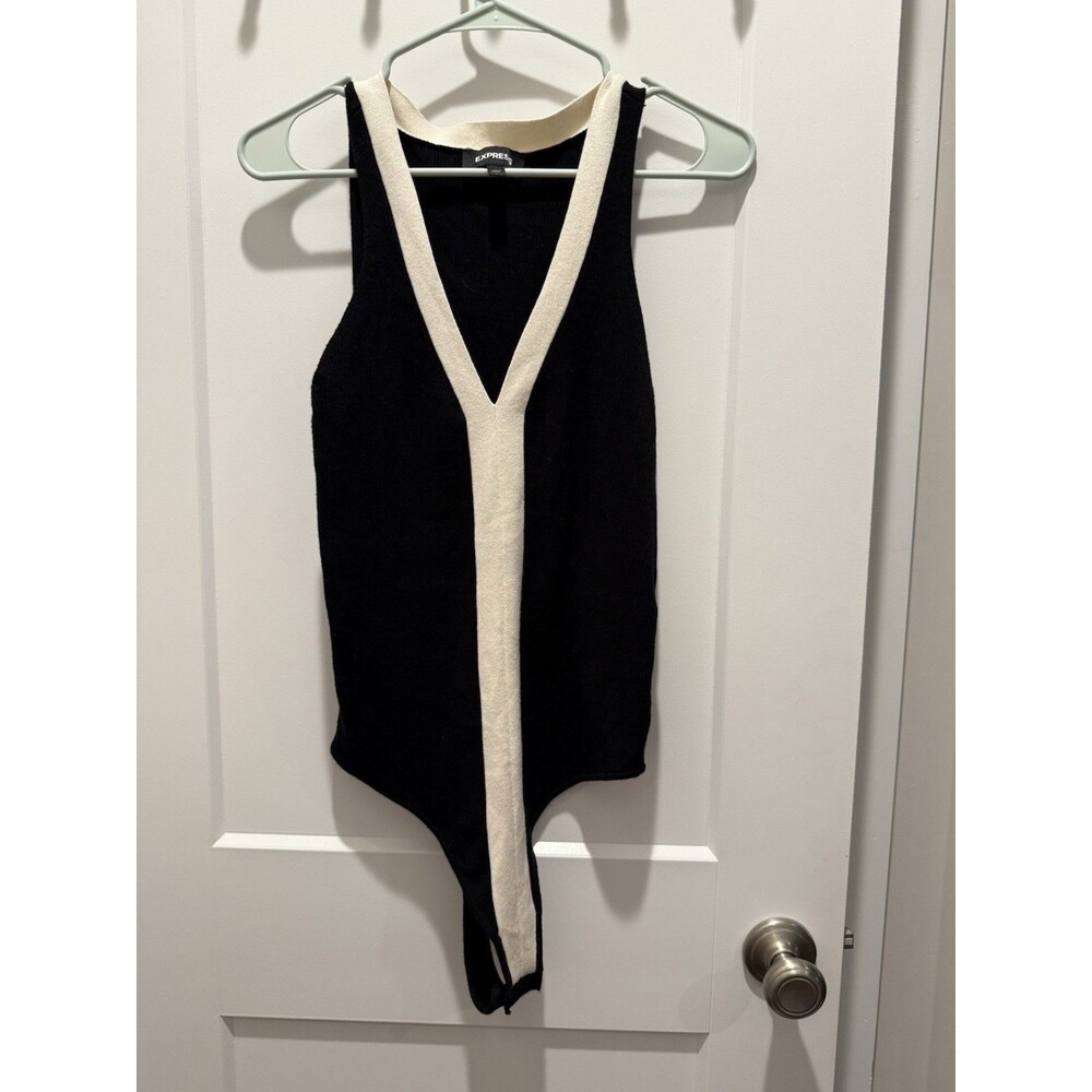 Express Sweater Knit Bodysuit Black Cream Sleeveless Stretch Size L Large